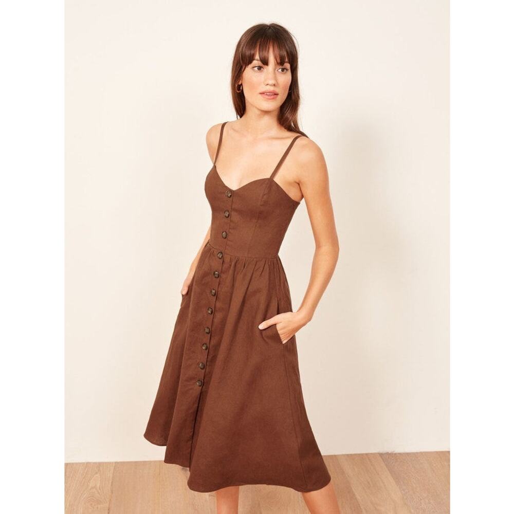 Reformation Brown Linen Flared Midi Dress 0 Minimalist Spaghetti Strap Button